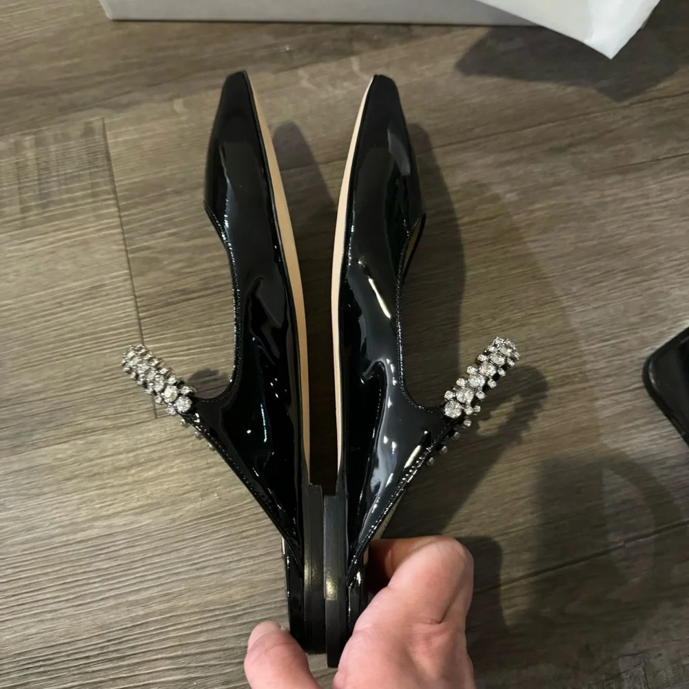 Jimmy Choo Bing Black Patent Leather Crystal Embellished Strap Flats